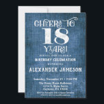 18th Birthday Invitation Blue Linen Rustic Cheers<br><div class="desc">A rustic 18th birthday party invitation in blue linen burlap with white type that says cheers to 18 years. Great for casual birthday celebrations. Suitable for men's or women's birthday parties.</div>