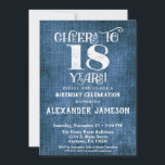 18th Birthday Invitation Blue Linen Rustic Cheers<br><div class="desc">A rustic 18th birthday party invitation in blue linen burlap with white type that says cheers to 18 years. Great for casual birthday celebrations. Suitable for men's or women's birthday parties.</div>