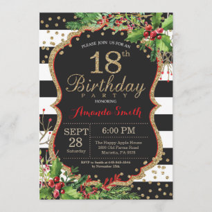 18th Birthday Invitation. Christmas Red Black Gold Invitation