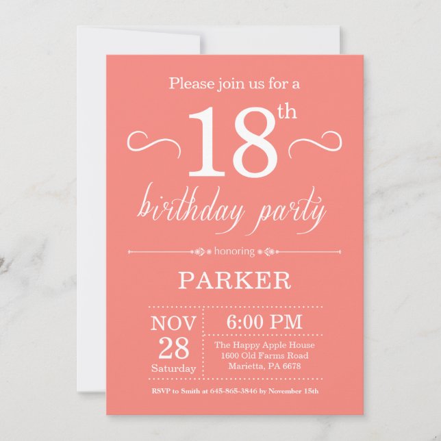 18th Birthday Invitation Coral (Front)