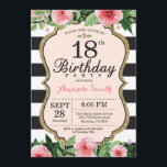 18th Birthday Invitation. Floral Pink Gold Black Invitation<br><div class="desc">18th Birthday Invitation for Women. Black and Gold Birthday Party Invite. Gold Glitter. Pink Watercolor Floral Flower. Black and White Stripes. Printable Digital. For further customisation,  please click the "Customise it" button and use our design tool to modify this template.</div>