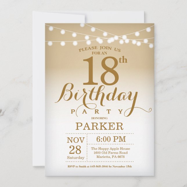 18th Birthday Invitation Gold String Lights (Front)