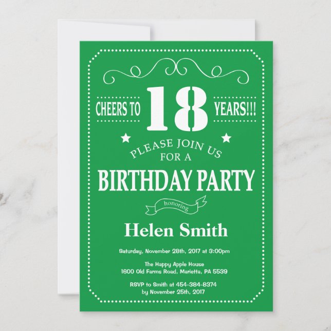 18th Birthday Invitation Green and White (Front)