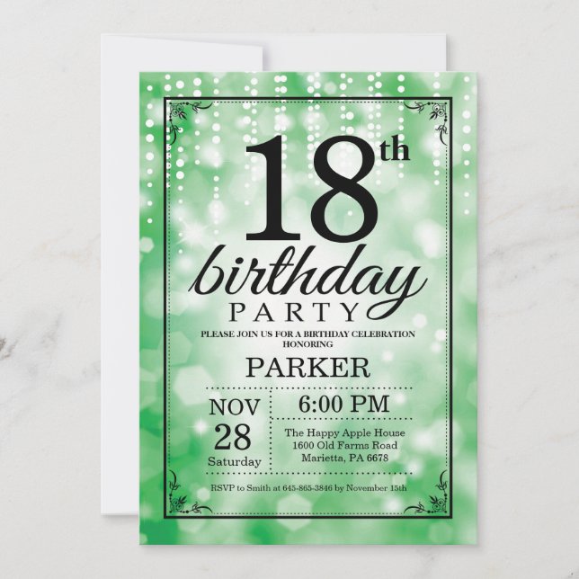 18th Birthday Invitation Green Glitter (Front)
