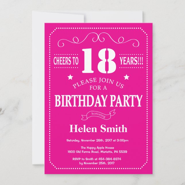 18th Birthday Invitation Hot Pink and White (Front)