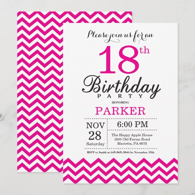 18th Birthday Invitation Hot Pink Chevron (Front/Back)