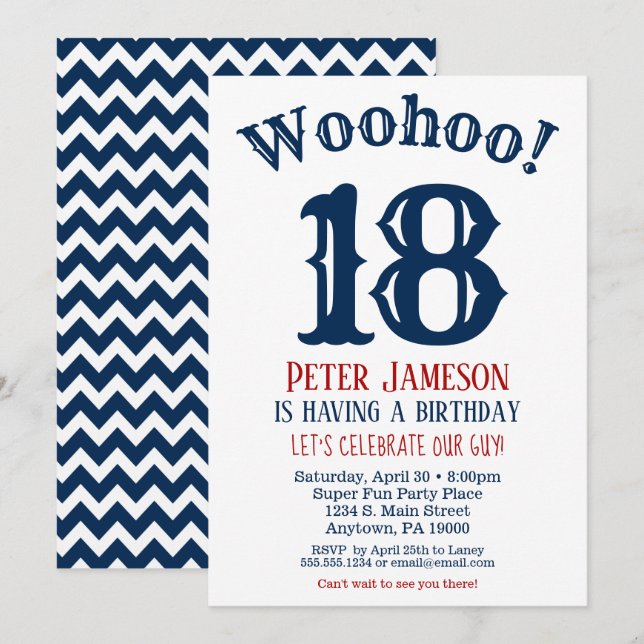 18th Birthday Invitation Mens Navy Blue (Front/Back)