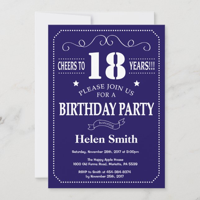 18th Birthday Invitation Navy Blue and White (Front)