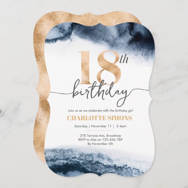 18th Birthday invitation Navy watercolor and gold (Front/Back)