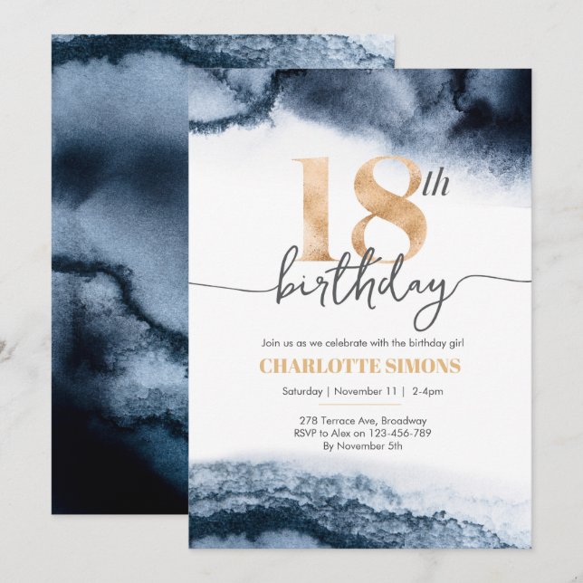 18th Birthday invitation Navy watercolor and gold (Front/Back)
