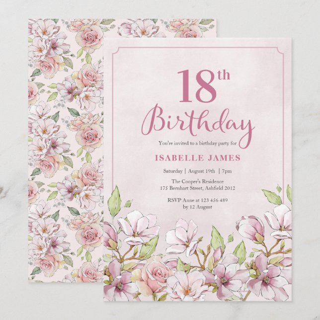 18th Birthday Invitation Pink Floral (Front/Back)