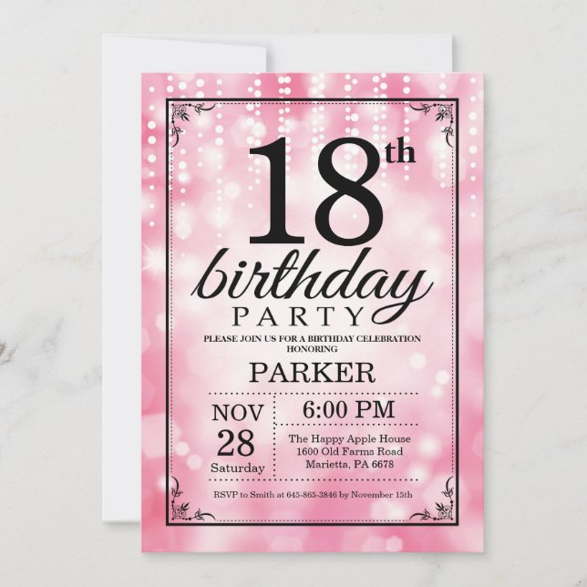 18th Birthday Invitation Pink Glitter (Front)