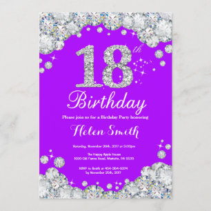 18th Birthday Invitation Purple and Silver Diamond