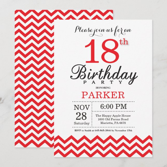 18th Birthday Invitation Red Chevron (Front/Back)