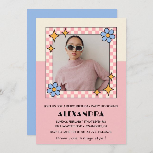 18th birthday invitation Retro Groovy Pink Flowers (Front/Back)