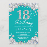 18th Birthday Invitation Teal and Silver Diamond