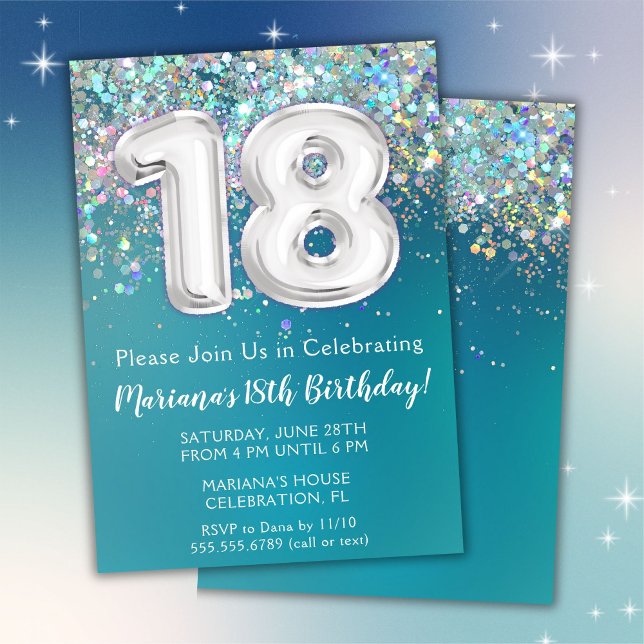 18th Birthday Invitation Teal Silver Glitter (Creator Uploaded)