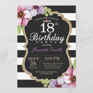 18th Birthday Invitation Women. Floral Gold Black