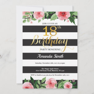 18th Birthday Invitation Women. Floral Gold Black