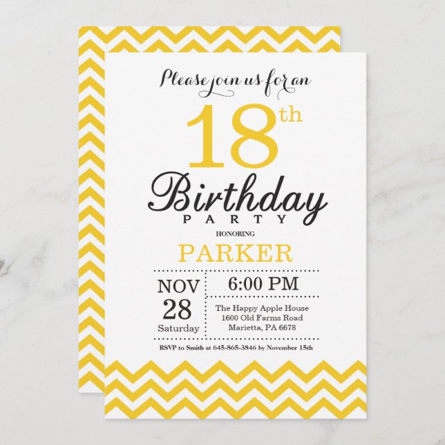 18th Birthday Invitation Yellow Chevron (Front/Back)