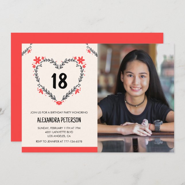 18th birthday invitations for her Floral Heart (Front/Back)