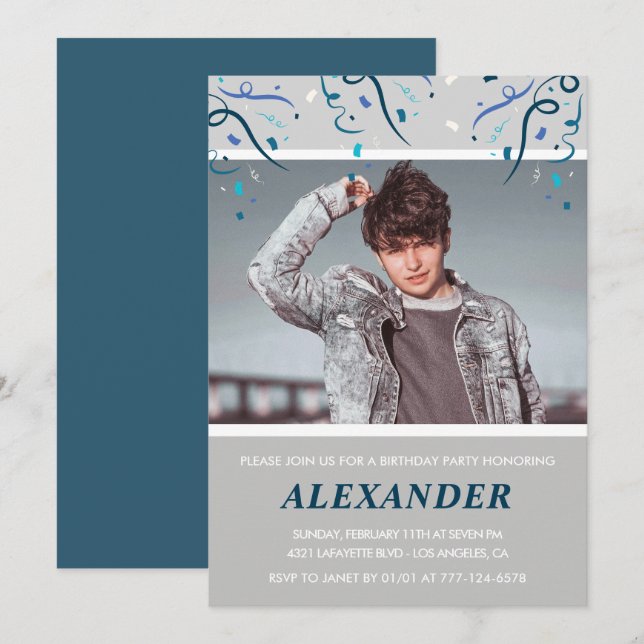18th birthday invitations Men Confetti Photo Navy (Front/Back)