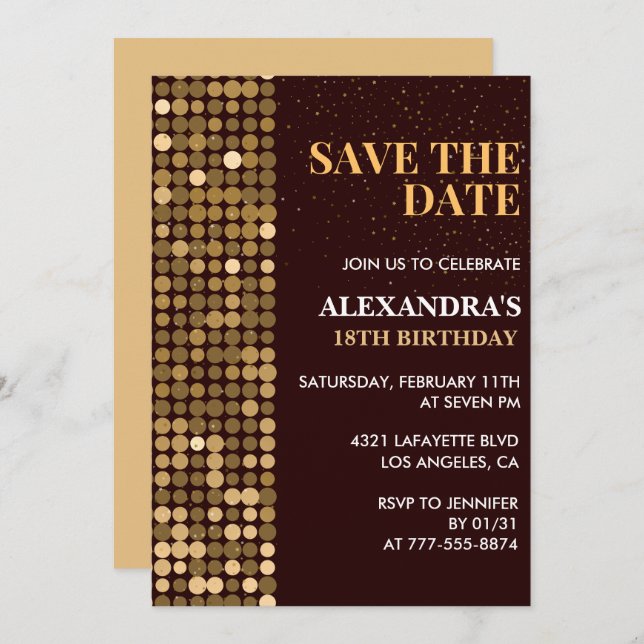 18th birthday invitations Save the date Gold (Front/Back)