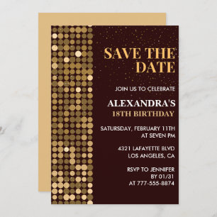 18th birthday invitations Save the date Gold