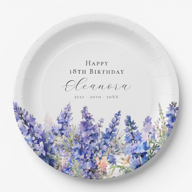 18th Birthday July Birth Flower Larkspur Custom Paper Plate (Front)