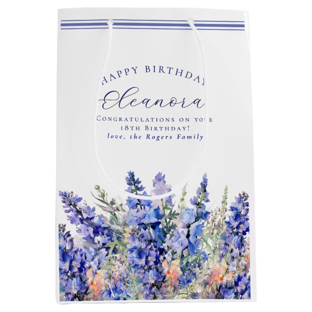 18th Birthday July Birth Month Flower Blue Medium Gift Bag (Front)