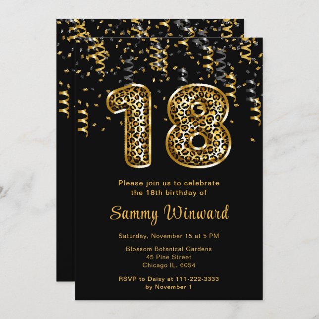 18th Birthday Leopard Print Balloons with Confetti Invitation (Front/Back)