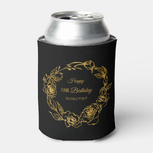 18th Birthday Luxe Gold Rose Personalised Black Can Cooler