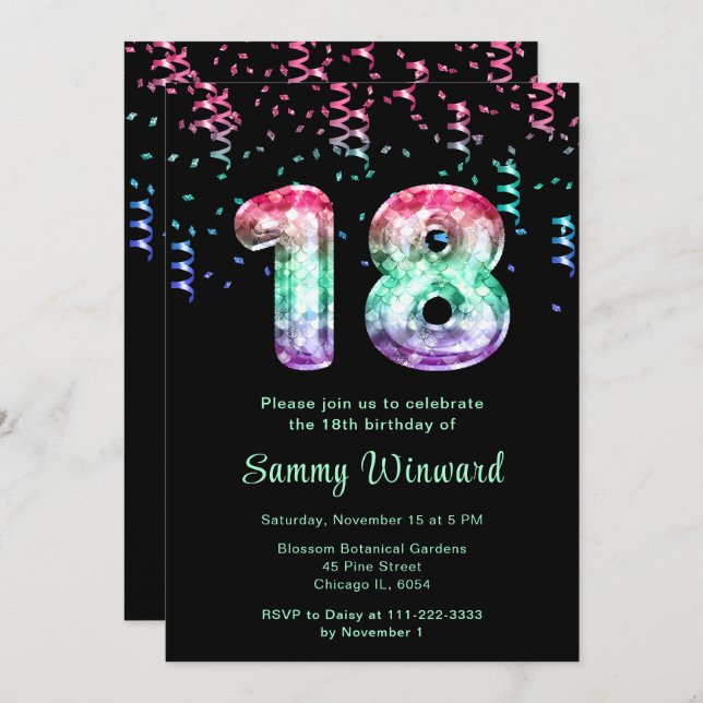 18th Birthday Mermaid Balloons with Confetti Invitation (Front/Back)