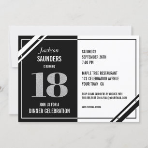 18th Birthday Modern Black and White Dinner Party Invitation