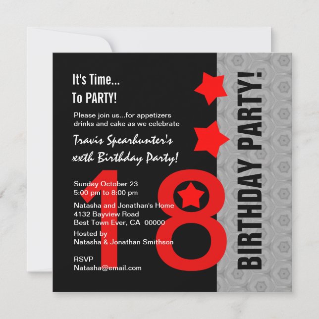 18th Birthday Modern Red Silver Black A12 Red Star Invitation (Front)