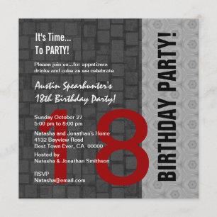 18th Birthday Modern Red Silver Black D417 Invitation