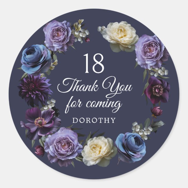 18th Birthday Moody Purple Flower Thank You Favour Classic Round Sticker (Front)