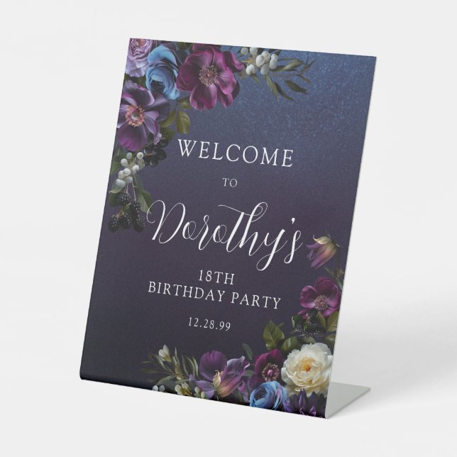 18th Birthday Moody Purple Flowers Custom Welcome Pedestal Sign (Front)