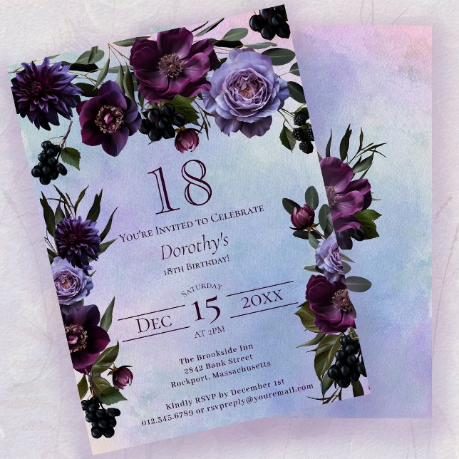 18th Birthday Moody Purple Gothic Flower Invitation (Creator Uploaded)