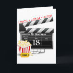 18th Birthday Movie Party Card<br><div class="desc">18th birthday card with movie themed 18th birthday film clapboard and popcorn. Lights,  camera,  action!</div>