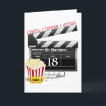 18th Birthday Movie Party Card<br><div class="desc">18th birthday card with movie themed 18th birthday film clapboard and popcorn. Lights,  camera,  action!</div>