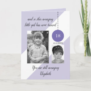 18th Birthday name date purple white photo Card