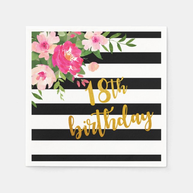18th Birthday Napkin - Floral Black/White Stripes (Front)