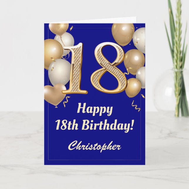 18th Birthday Navy Blue and Gold Balloons Confetti Card (Front)