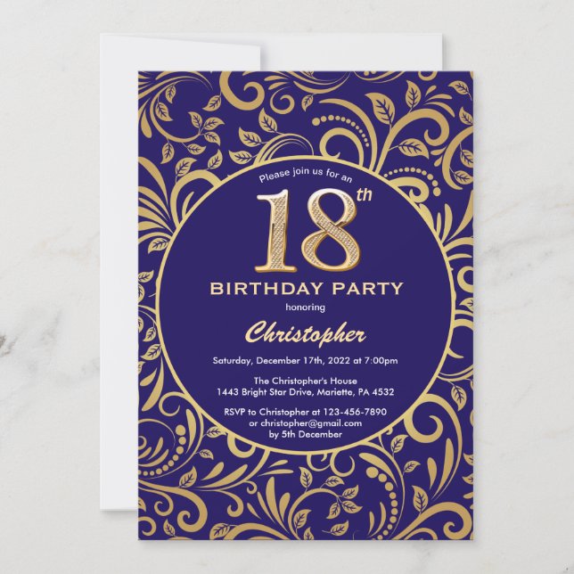 18th Birthday Navy Blue and Gold Floral Pattern Invitation (Front)