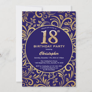 18th Birthday Navy Blue and Gold Floral Pattern Invitation