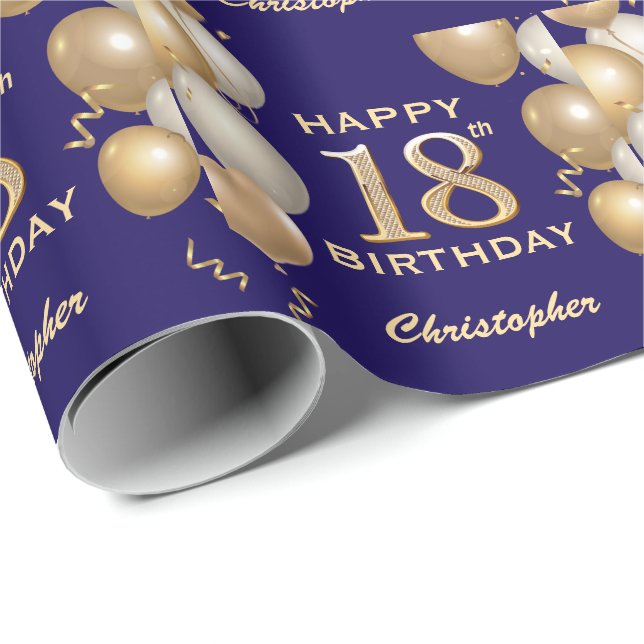 18th Birthday Navy Blue and Gold Glitter Balloons Wrapping Paper (Roll Corner)