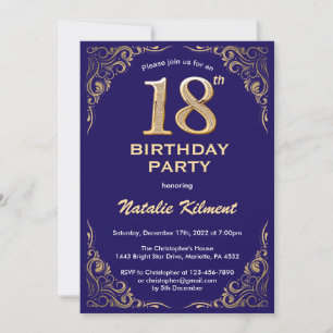 18th Birthday Navy Blue and Gold Glitter Frame Invitation
