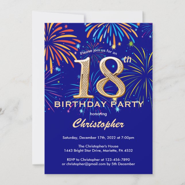 18th Birthday Navy Blue and Gold Rainbow Fireworks Invitation (Front)
