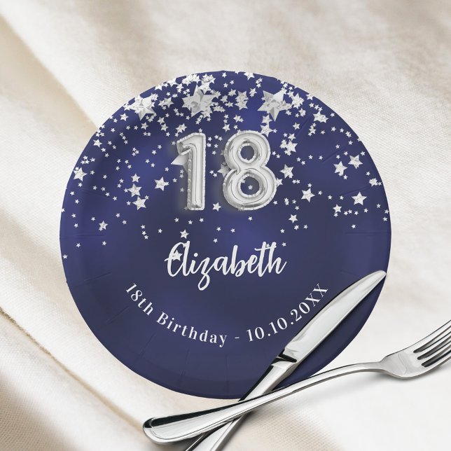 18th Birthday navy blue silver stars Paper Plate (Creator Uploaded)
